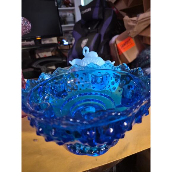 Vintage Fenton Art Glass Colonial Blue Hobnail Candleholder Holds 6 Candles With